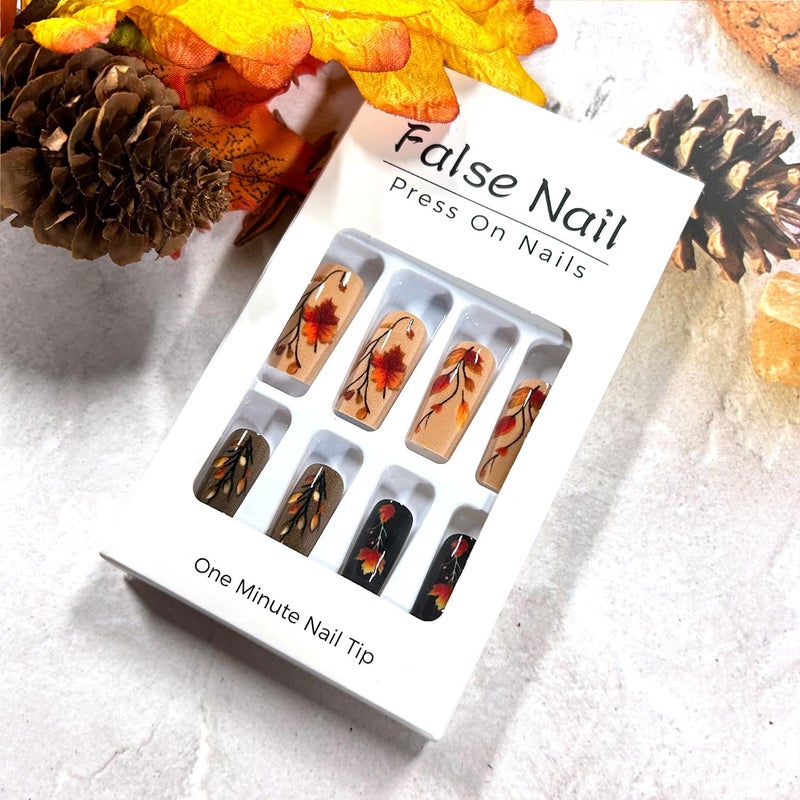 CJDLTS Thanksgiving Day Press on Nails Medium Ballet Shaped Artificial Acrylic Nail Maple Leaf Stick on Nails Full Cover Glossy Press Ons Artificial Fingernails Festival Glue on Nails for Women Manicure - Image 5